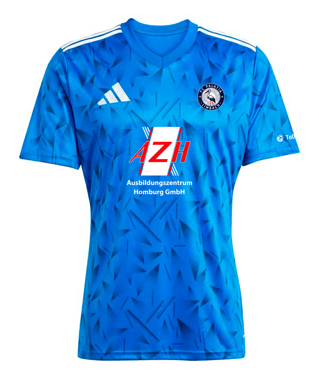 soccer jersey, blau, kurzarm, geometrisches muster, logo sponsor